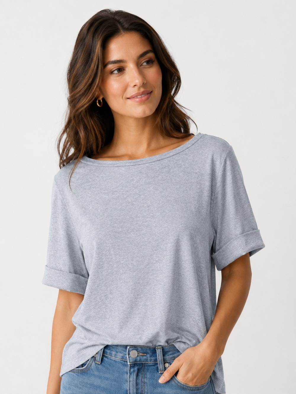 Karen Scott Womens Large Light Blue Boat Neck Top 100% Cotton Rolled Sleeve